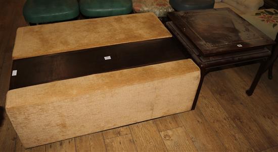 A Chinese hardwood square top occasional table, and a larged upholstered stool, W.63cm, stool 89 x 118cm